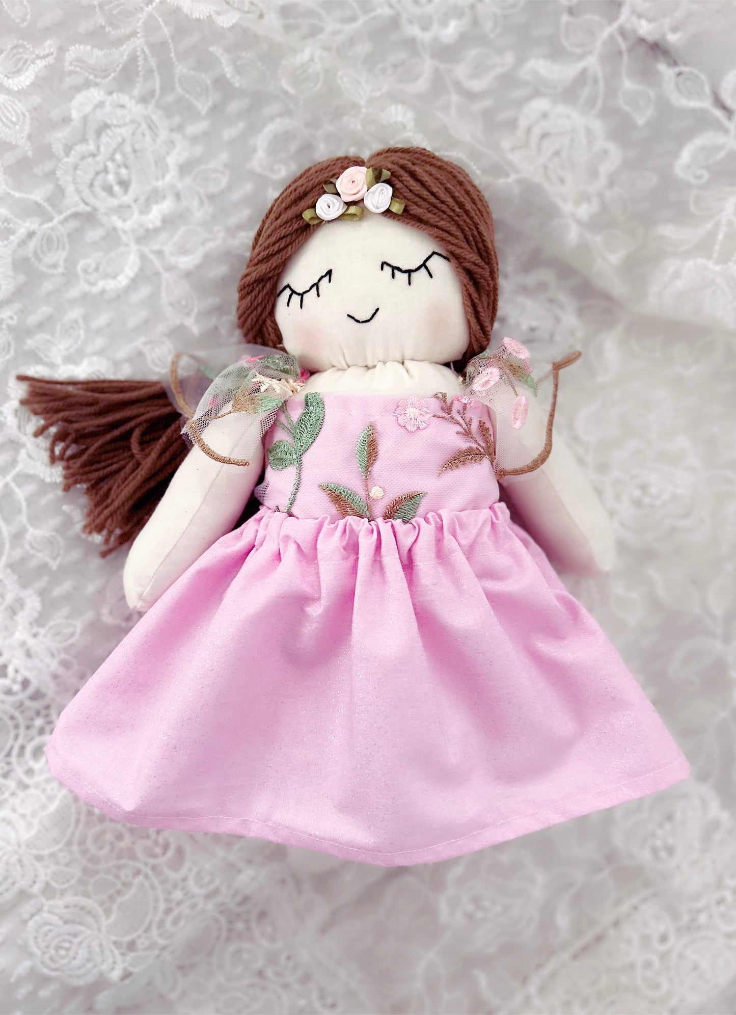 Handmade flower baby doll, heirloom doll