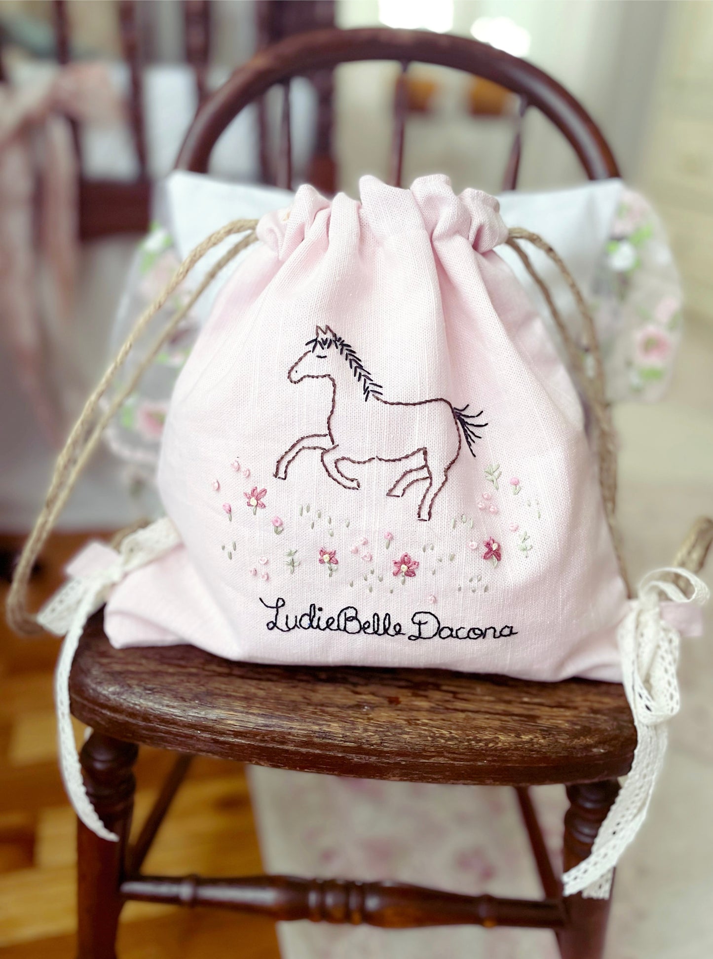 Hand Embroidered Drawstring Backpack