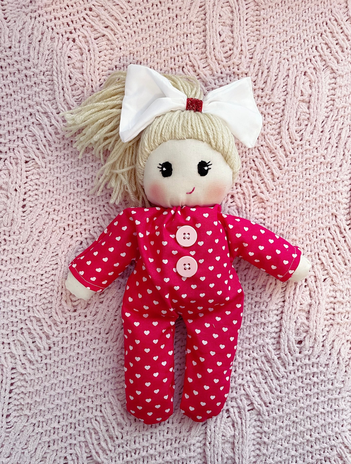 Bitty Valentine Baby ❤️ - Heart Polka Dots, Cloth Doll, Heirloom Doll, Handmade Doll