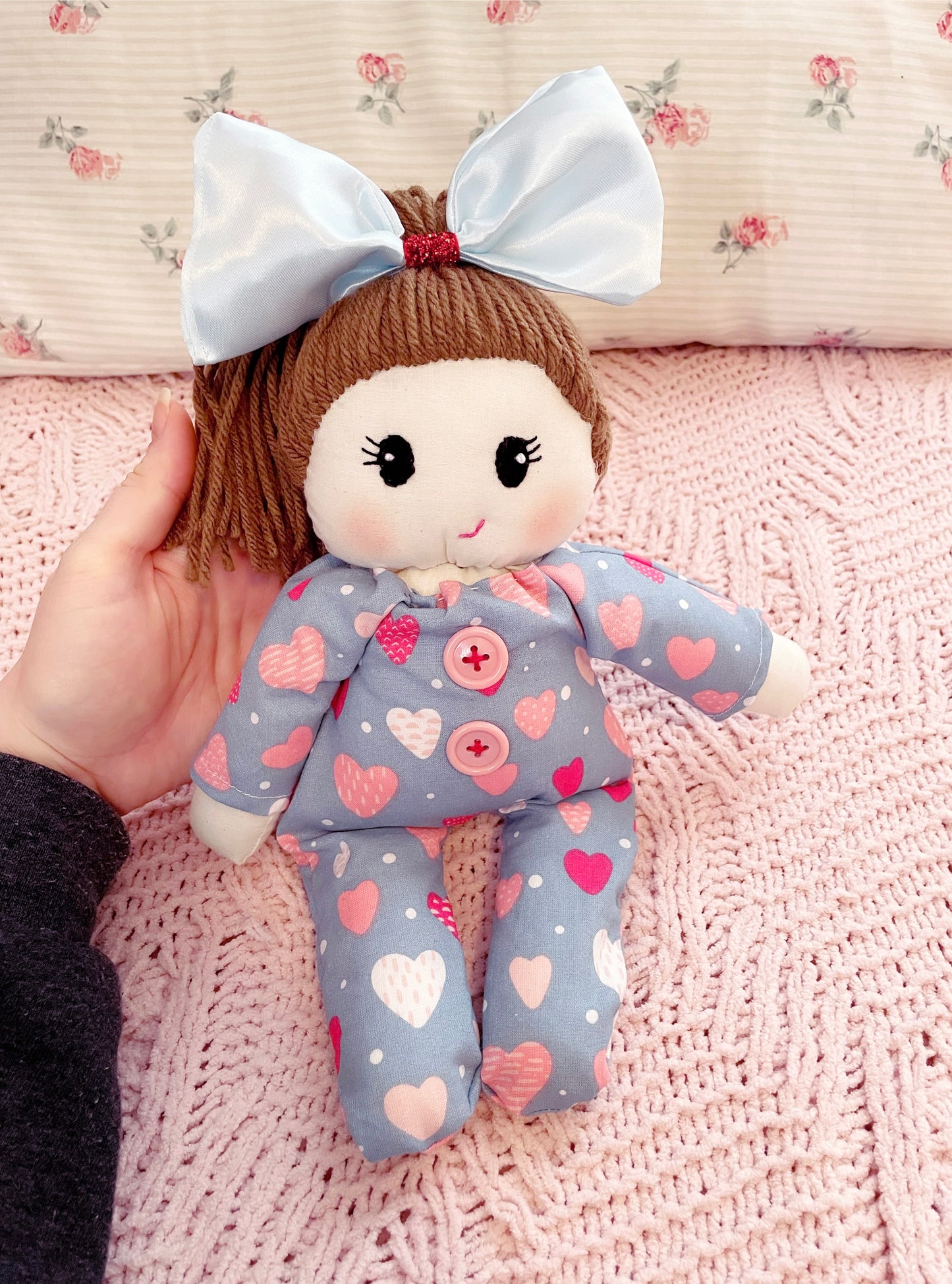 Bitty Valentine Baby ❤️ - Blue Heart Pjs, Cloth Doll, Heirloom Doll, Handmade Doll