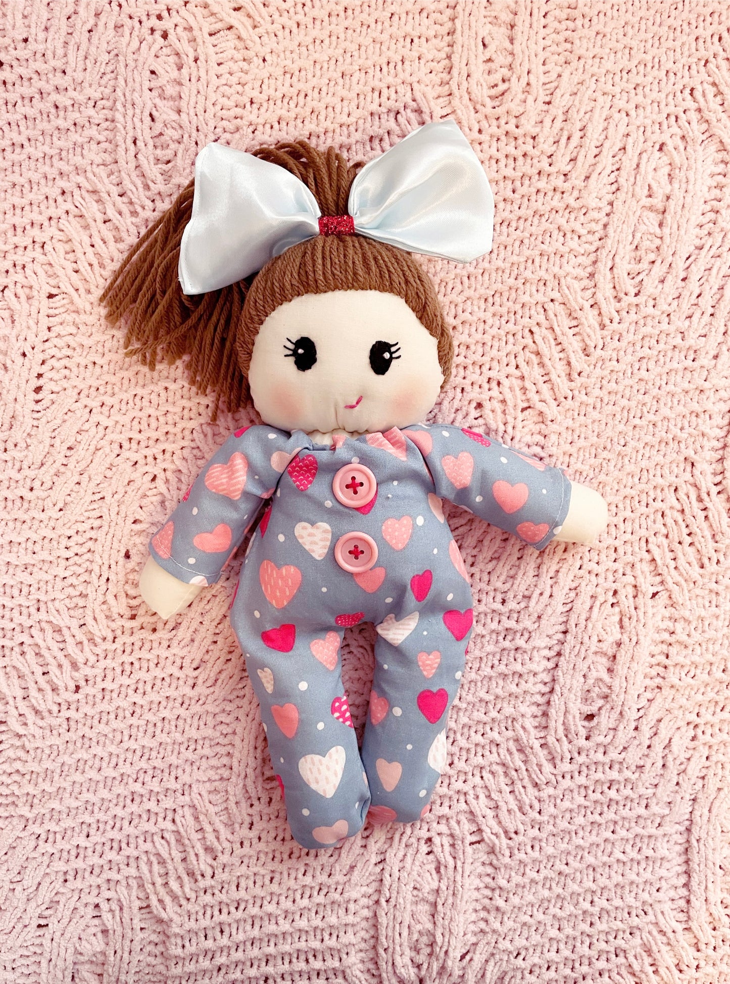 Bitty Valentine Baby ❤️ - Blue Heart Pjs, Cloth Doll, Heirloom Doll, Handmade Doll