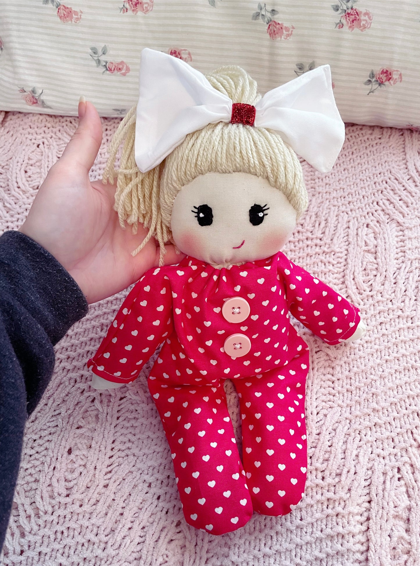 Bitty Valentine Baby ❤️ - Heart Polka Dots, Cloth Doll, Heirloom Doll, Handmade Doll