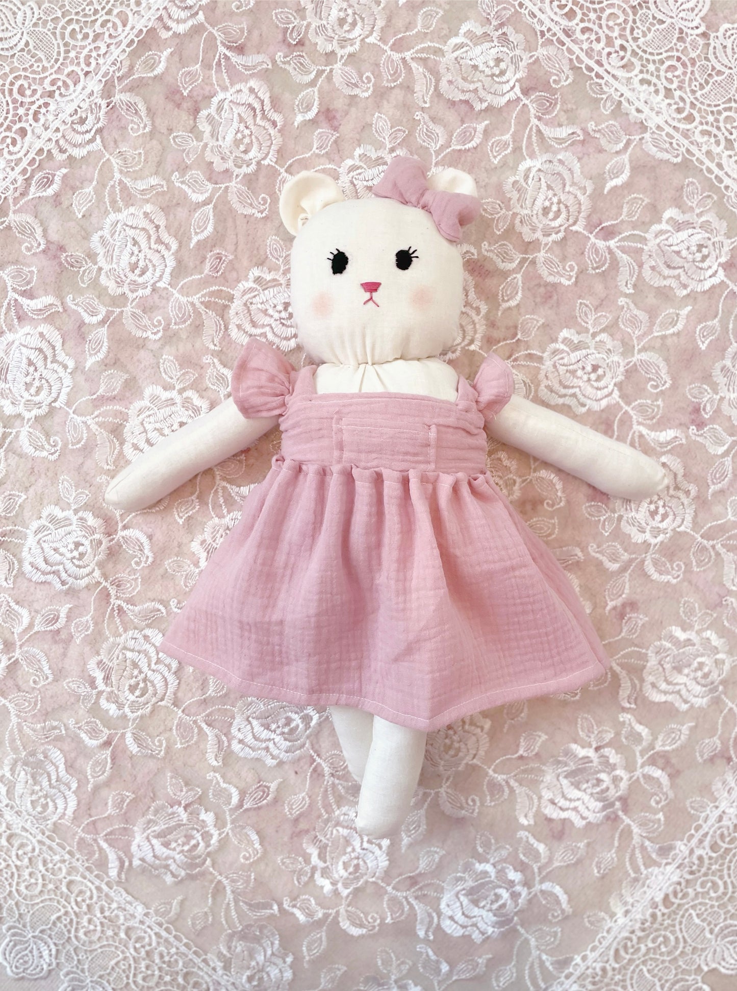 Claire Bear Doll, Teddy Bear, Stuffed Bear, Vintage Stuffed Animal, Plushie, Handmade Bear, Heirloom teddy bear, First Teddy Bear, Stuffed Bear with dress and bow