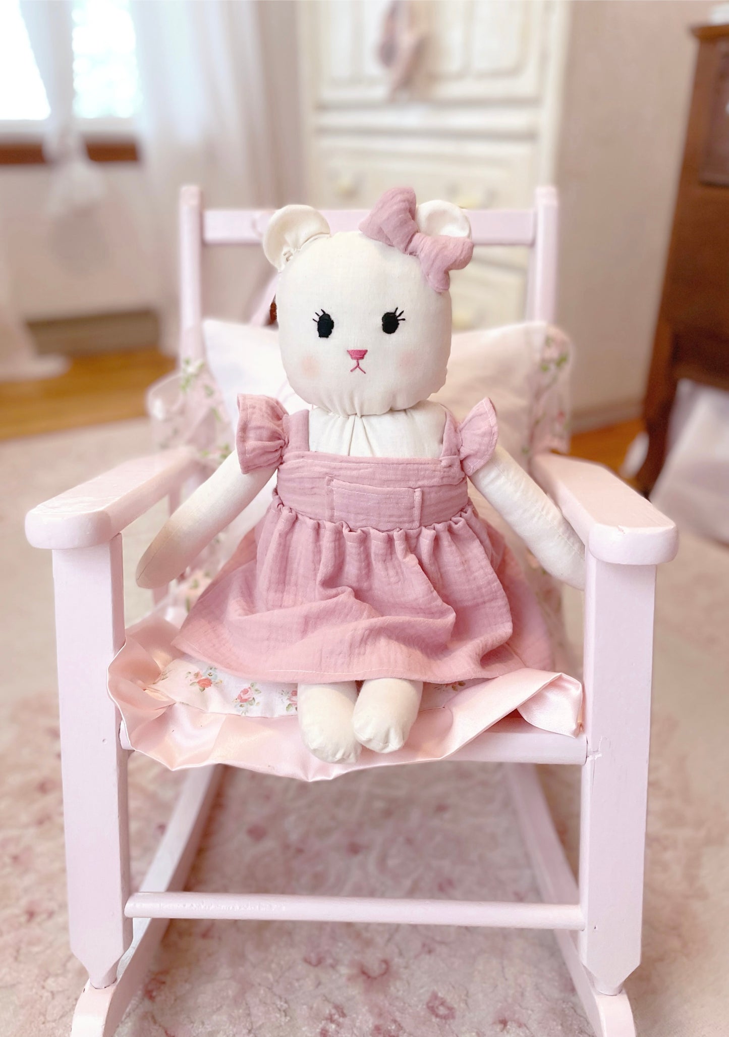 Claire Bear Doll, Teddy Bear, Stuffed Bear, Vintage Stuffed Animal, Plushie, Handmade Bear, Heirloom teddy bear, First Teddy Bear, Stuffed Bear with dress and bow