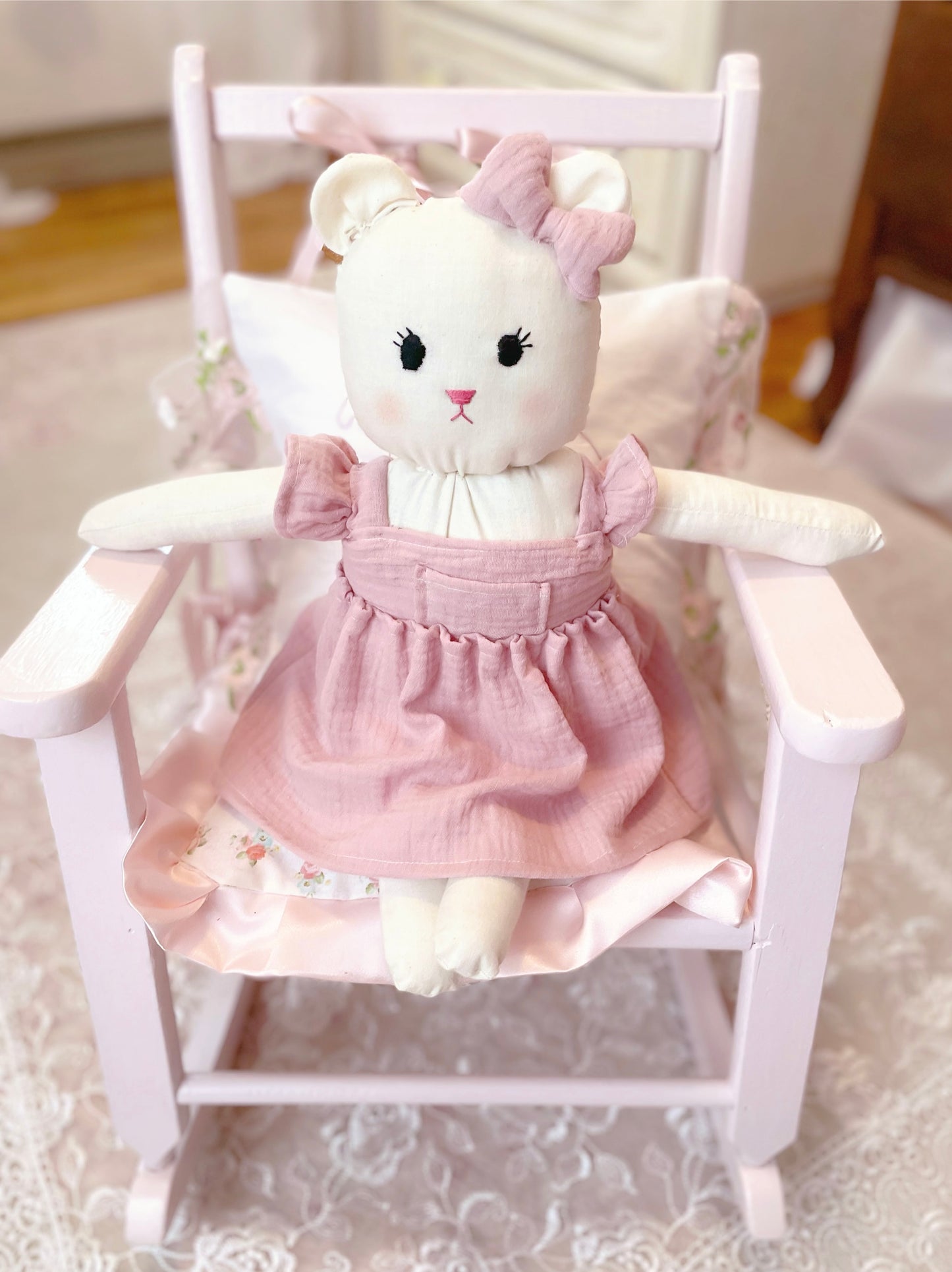 Claire Bear Doll, Teddy Bear, Stuffed Bear, Vintage Stuffed Animal, Plushie, Handmade Bear, Heirloom teddy bear, First Teddy Bear, Stuffed Bear with dress and bow