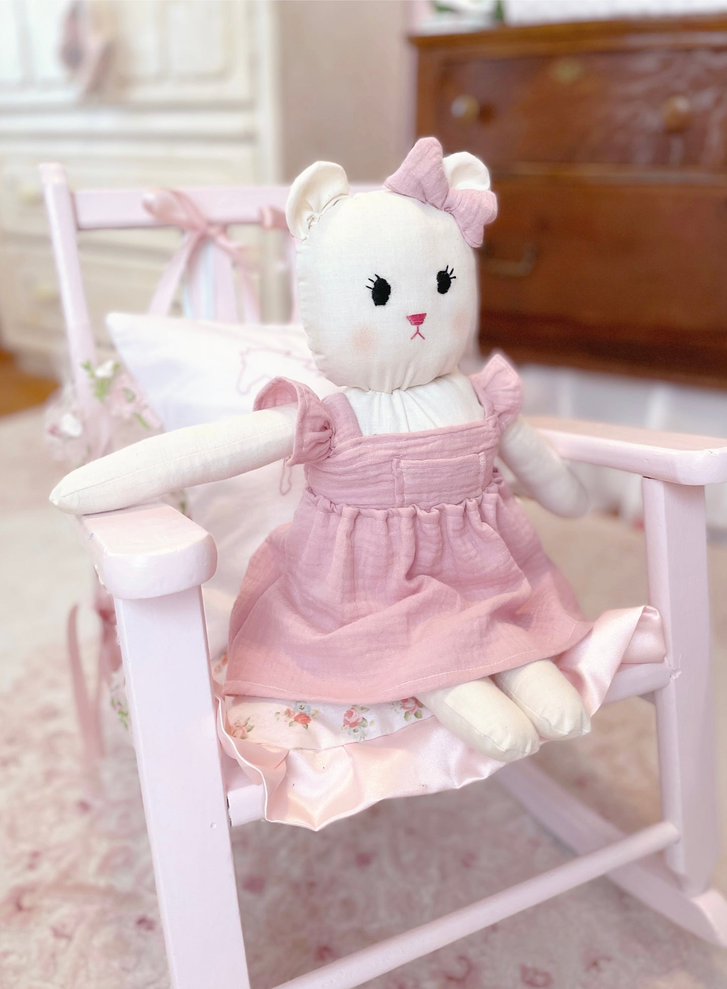 Claire Bear Doll, Teddy Bear, Stuffed Bear, Vintage Stuffed Animal, Plushie, Handmade Bear, Heirloom teddy bear, First Teddy Bear, Stuffed Bear with dress and bow