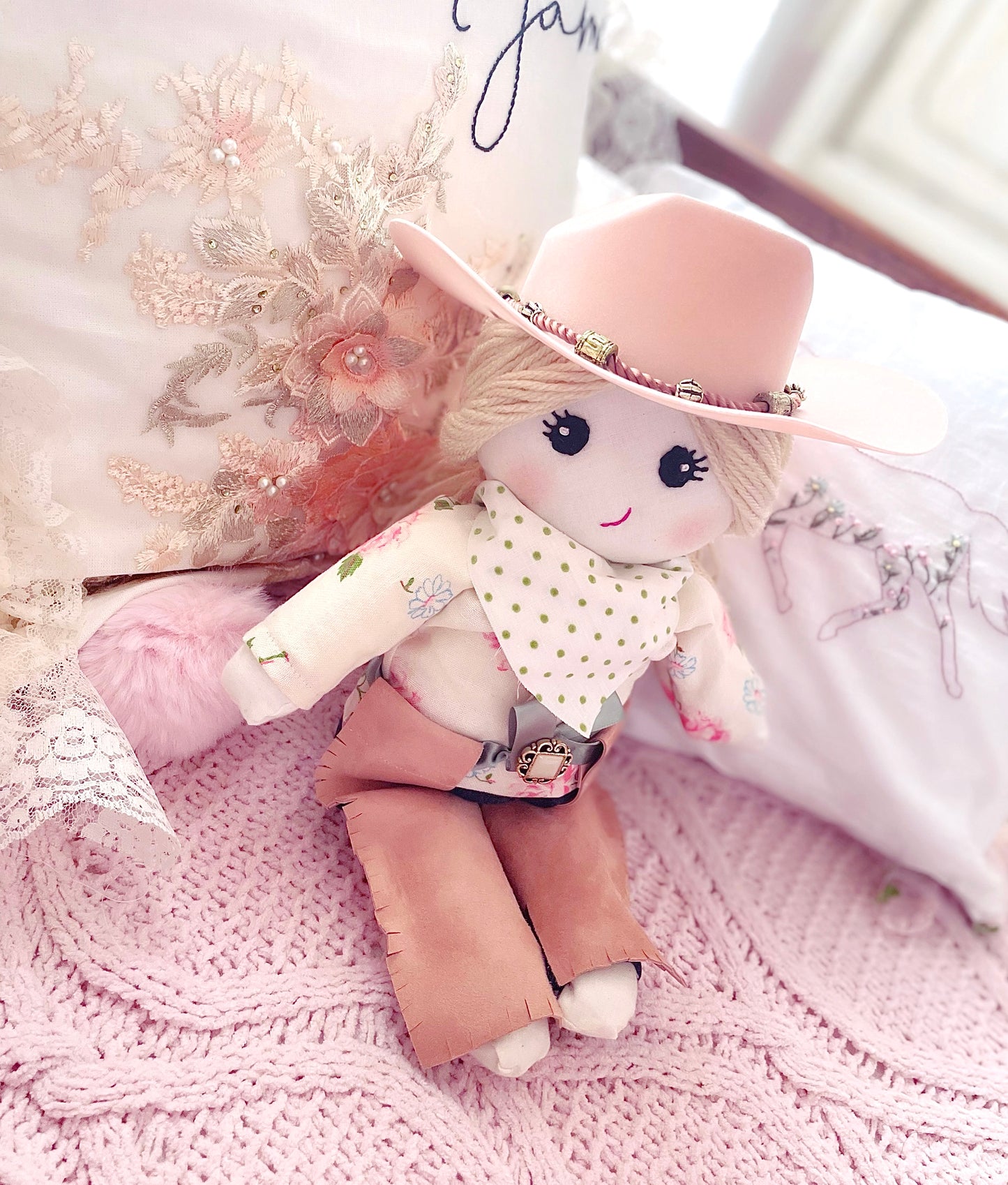 Vintage rose cowgirl doll, handmade heirloom doll